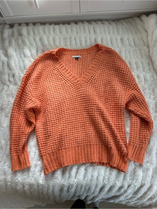 American Eagle Outfitters Sweaters - American Eagle Orange V-Neck Oversized Waffle Knit Sweater Size S
